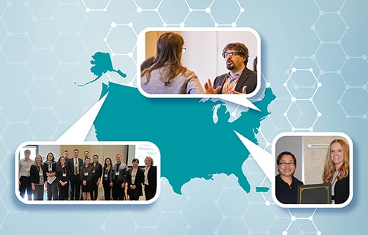 An outline of the US is filled turquoise and sits on a background that is a gradient of white and light blue with white hexagon symbols scattered throughout. Coming off the map are three speech bubbles. Each bubble contains an image. One depicts a man and woman talking. Another shows a large group of people posed for a formal picture. The final image shows two women posing with an award plaque.